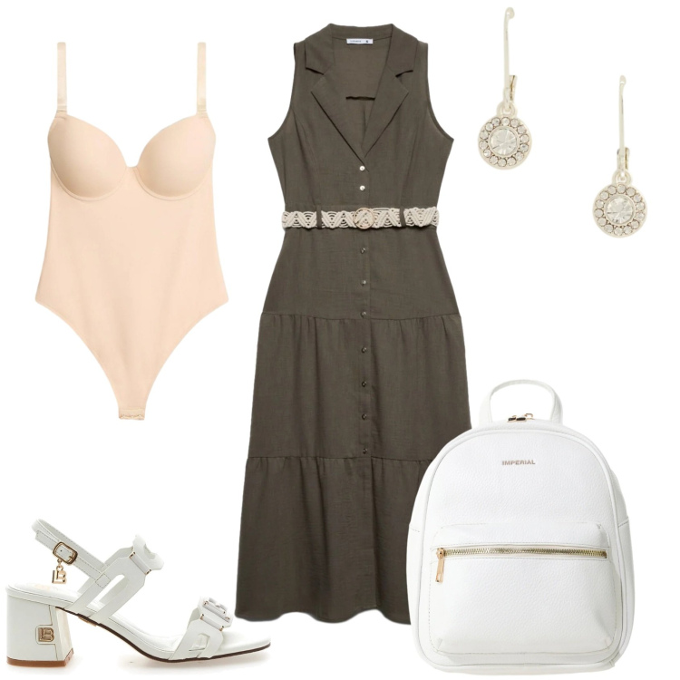 Outfit donna - Comoda per la giornata. Stile Casual per Tutti i giorni. Abbinamento con body, vestiti chemisier, zaini, orecchini, sandali col tacco.