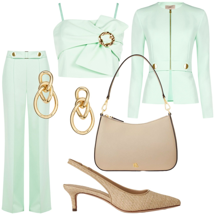 Outfit donna - Occasion Ready. Stile Chic per Cerimonia. Abbinamento con top, blazer, pantaloni, borse a spalla, orecchini, décolleté.