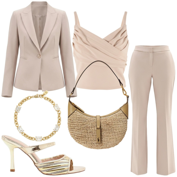 Outfit donna - Occasion Ready. Stile Chic per Cerimonia. Abbinamento con sabot, canottiere, blazer, pantaloni, braccialetti, borse a spalla.