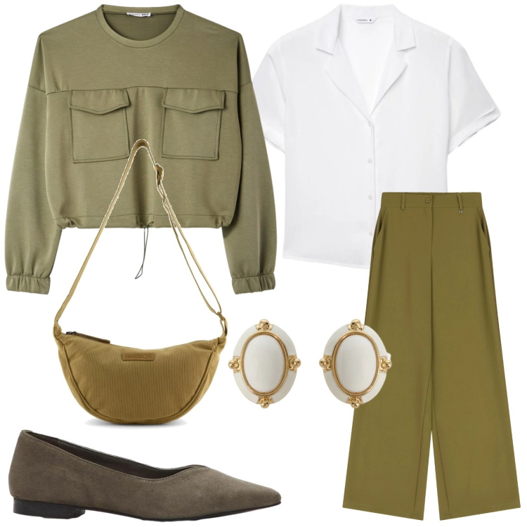 Outfit donna - Oliva style. Stile Casual per Tutti i giorni. Abbinamento con ballerine, camicie a manica corta, felpe, pantaloni a palazzo, orecchini, borse a tracolla.