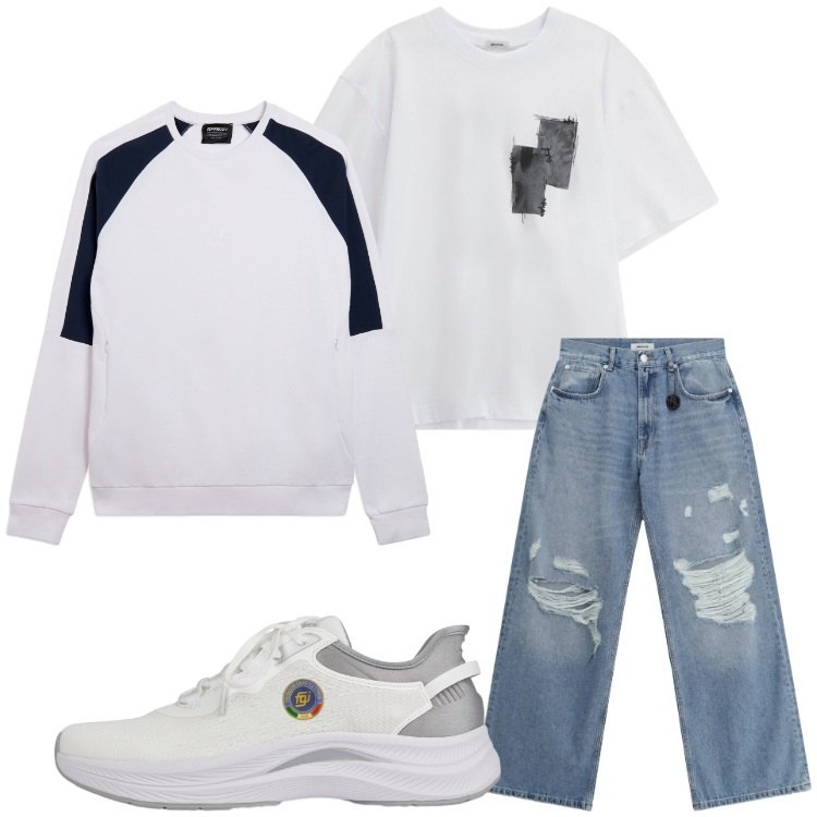 Outfit uomo - Jeans buggy fit. Stile Urban per Tutti i giorni. Abbinamento con jeans strappati, t-shirt, scarpe sportive, felpe.
