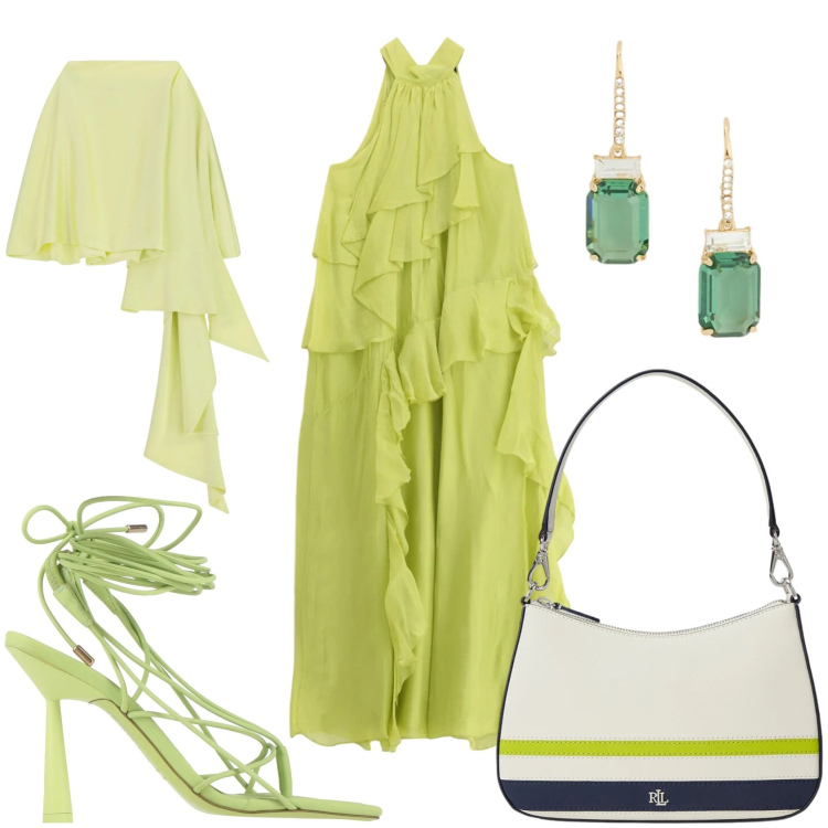 Outfit donna - Cerimonia in chiaro. Stile Glamour per Cerimonia. Abbinamento con ciabatte, scialli, vestiti lunghi, orecchini, borse a spalla.