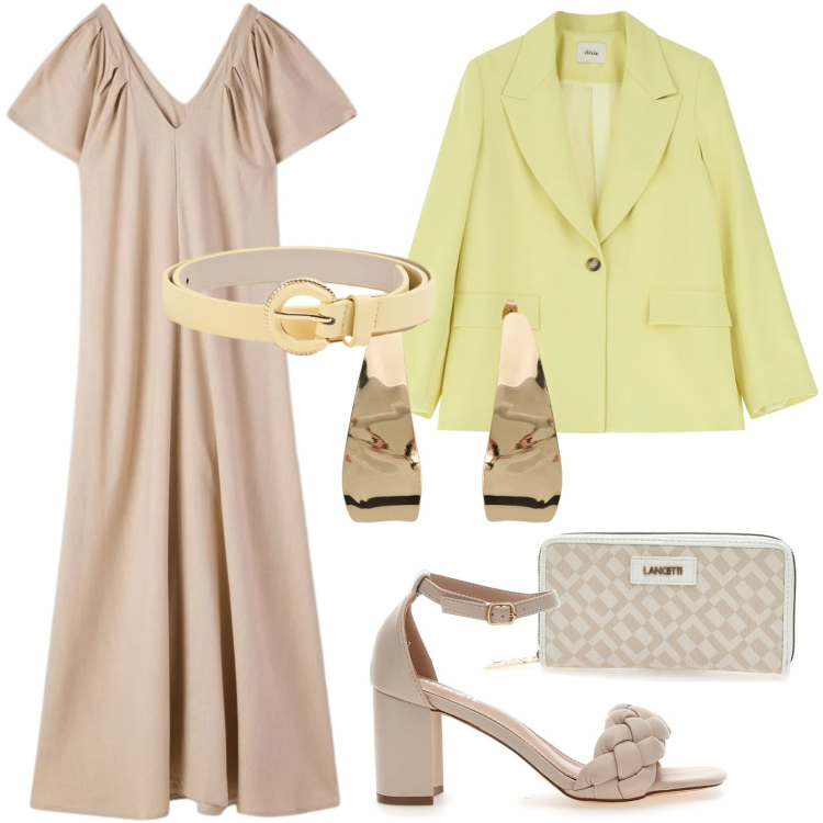 Outfit donna - Cintura glam. Stile Casual per Tutti i giorni. Abbinamento con cinture, vestiti lunghi, blazer, orecchini, portafogli, sandali col tacco.