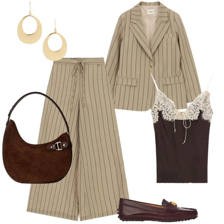Outfit donna - Blazer leggero. Stile Mannish per Tutti i giorni. Abbinamento con pantaloni a palazzo, top, blazer, borse a spalla, mocassini, orecchini.