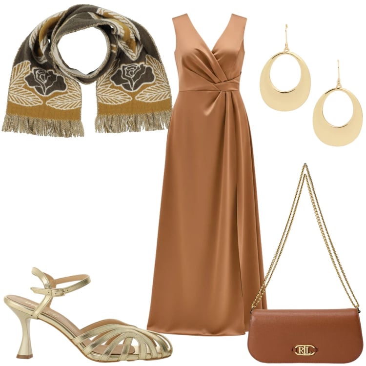 Outfit donna - Cerimonia di mattina. Stile Glamour per Cerimonia. Abbinamento con sciarpe, vestiti lunghi, sandali col tacco, orecchini, borse a spalla.
