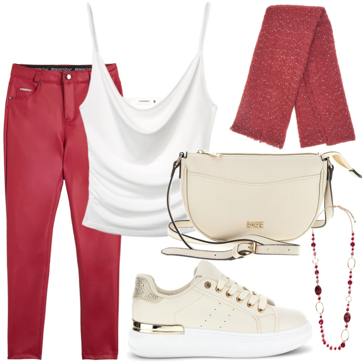 Outfit donna - Top e sneakers. Stile Glamour per Tutti i giorni. Abbinamento con canottiere, collane, pantaloni skinny, sneakers, borse a tracolla, sciarpe.