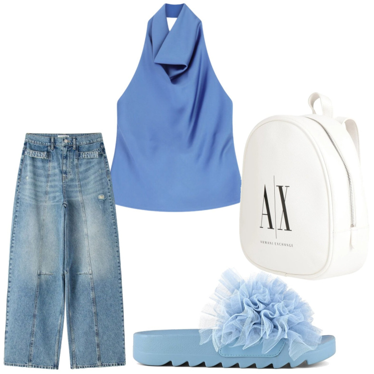 Outfit donna - Relax. Stile Casual per Tutti i giorni. Abbinamento con zaini, jeans, top, ciabatte.