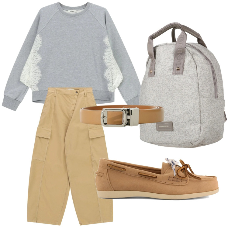 Outfit donna - Pizzo e mocassini. Stile Casual per Tutti i giorni. Abbinamento con zaini, pantaloni cargo, cinture, felpe, mocassini.