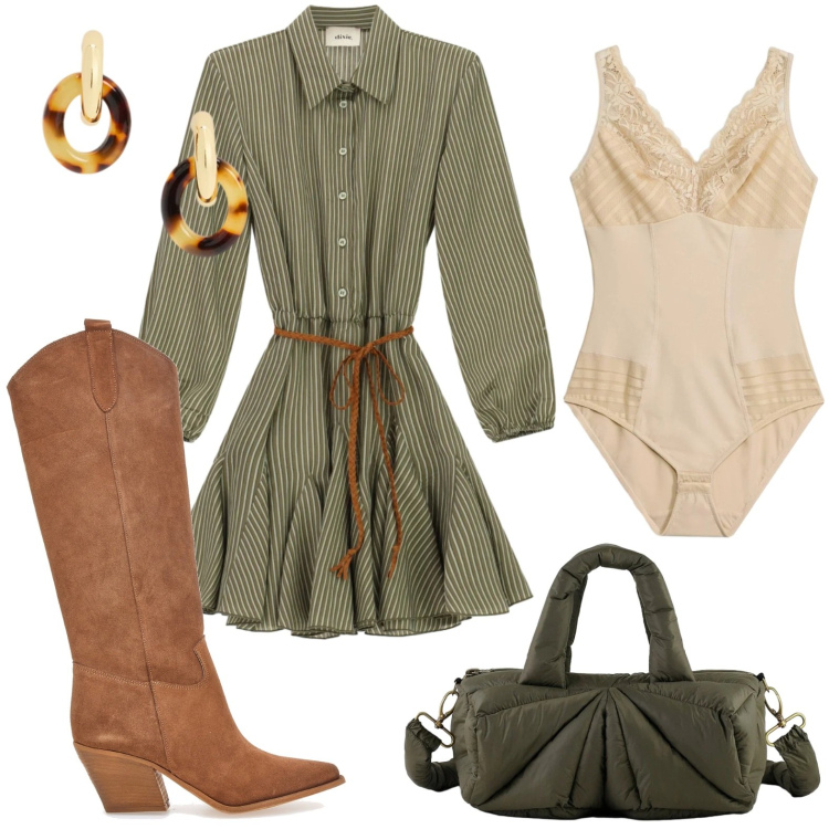 Outfit donna - Abito cowgirl. Stile Etnico per Tutti i giorni. Abbinamento con body, vestiti corti, borse a mano, orecchini, stivali.