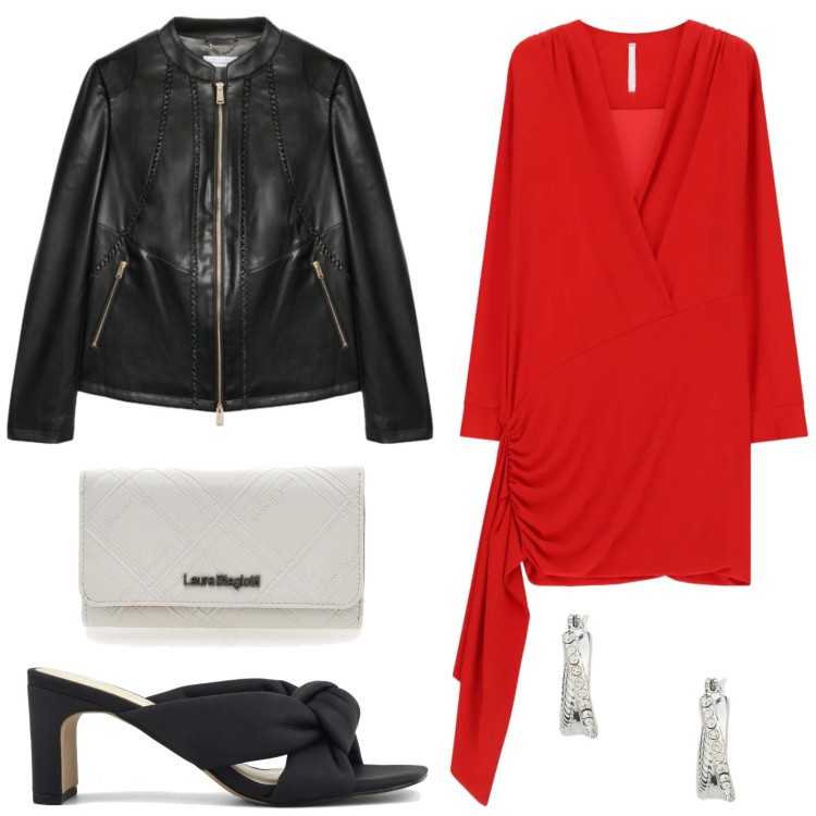 Outfit donna - Serata in red. Stile Basic per Serata fuori. Abbinamento con vestiti corti, blazer, orecchini, sandali col tacco, portafogli.
