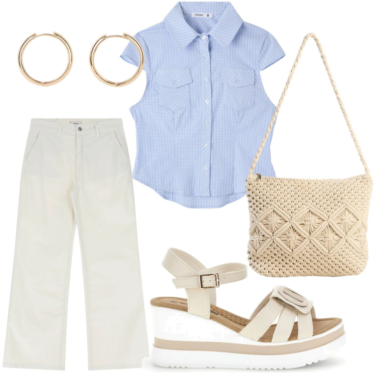 Outfit donna - Zeppa comoda. Stile Bon Ton per Tutti i giorni. Abbinamento con orecchini, borse a tracolla, camicie a manica corta, jeans, zeppe.