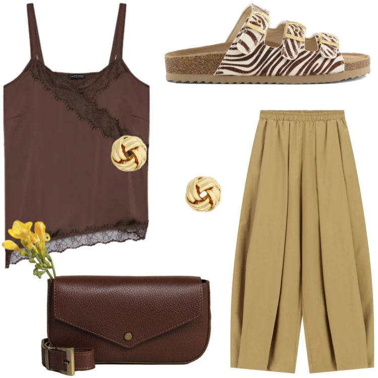 Outfit donna - Zebrata con stile. Stile Trendy per Tutti i giorni. Abbinamento con top, pantaloni a palazzo, borse a tracolla, orecchini, sandali in pelle.