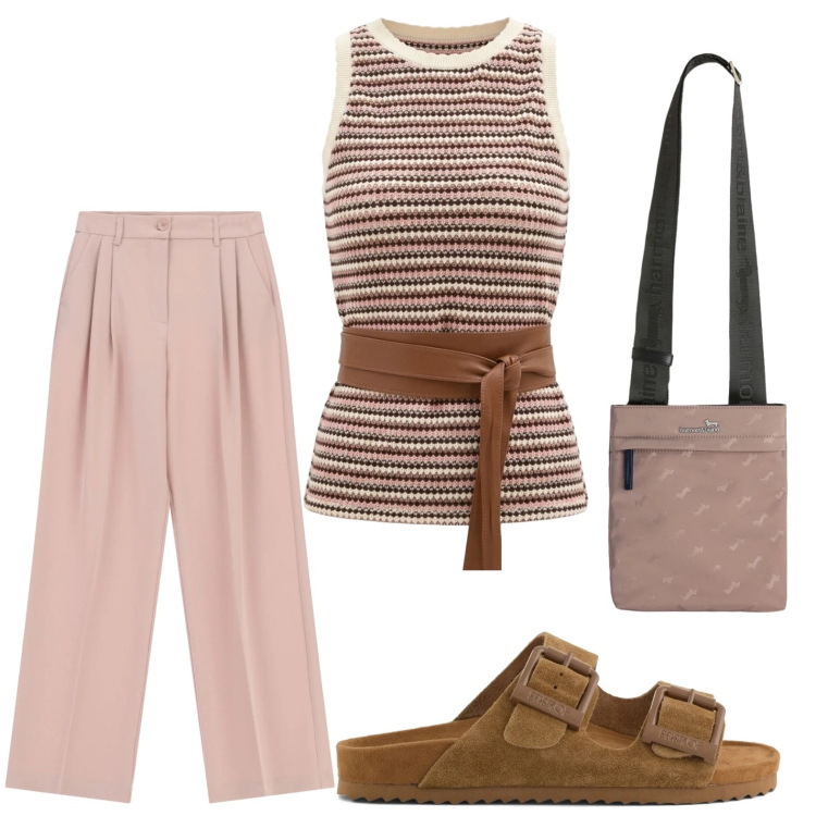 Outfit donna - Estiva classica. Stile Bon Ton per Tutti i giorni. Abbinamento con borse a tracolla, pantaloni a palazzo, canottiere, sandali in pelle.