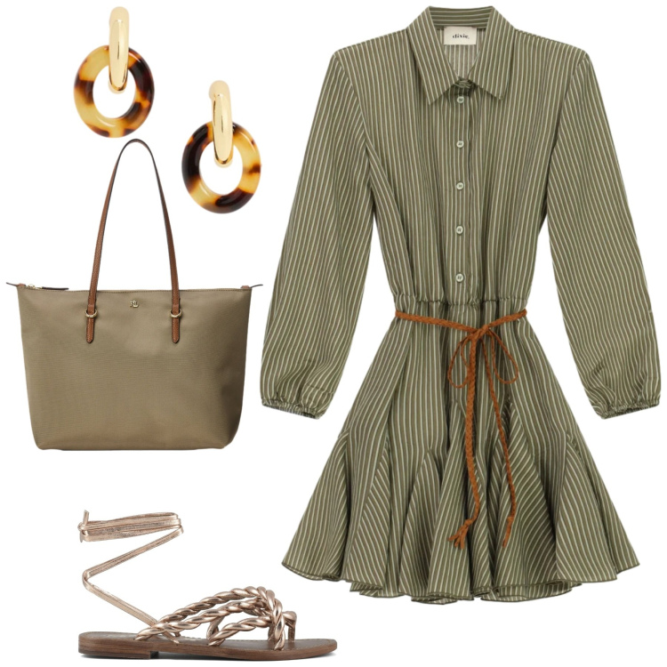 Outfit donna - Dixie. Stile Casual chic per Tutti i giorni. Abbinamento con vestiti corti, orecchini, borse tote, sandali in pelle.