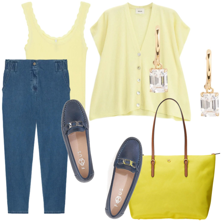 Outfit donna - Combo giallo e blu. Stile Casual per Tutti i giorni. Abbinamento con jeans, canottiere, gilet, borse tote, orecchini, mocassini.