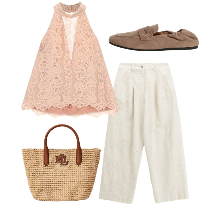 Outfit donna - Peach Blush. Stile Bon Ton per Tutti i giorni. Abbinamento con canottiere, mocassini, pantaloni a palazzo, borse tote.