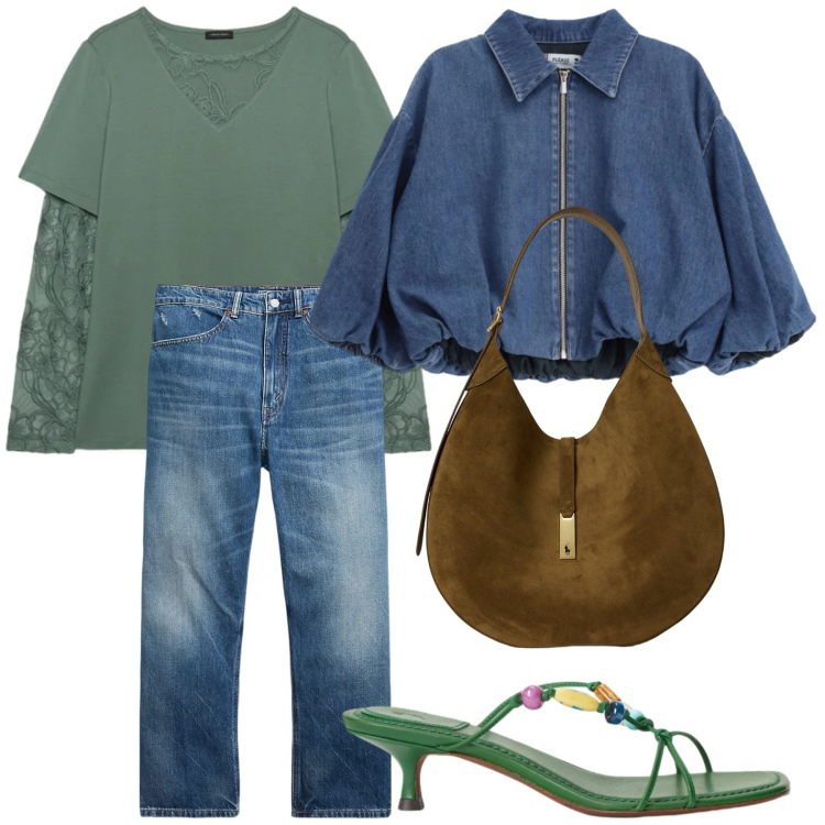 Outfit donna - Bomber denim. Stile Sporty chic per Tutti i giorni. Abbinamento con t-shirt, blazer, jeans, borse a spalla, sandali gioiello.