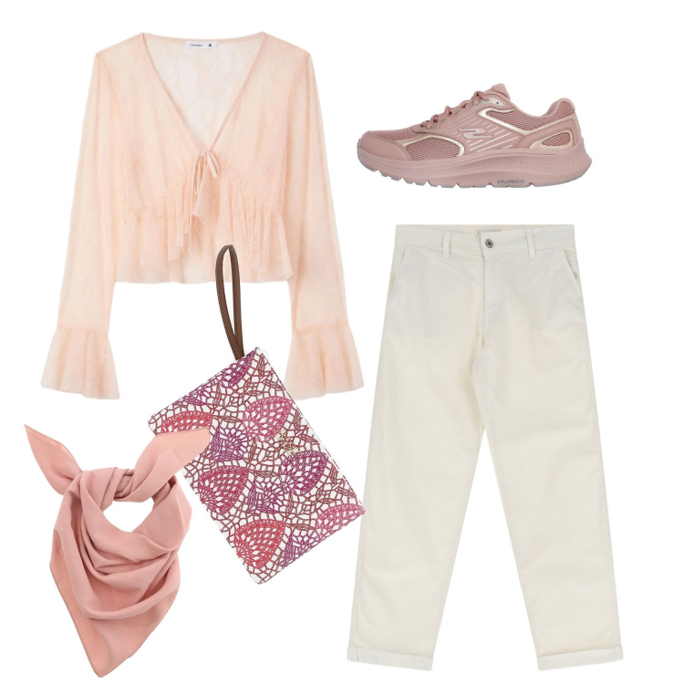 Outfit donna - Peach Blush. Stile Basic per Tutti i giorni. Abbinamento con bluse, foulard, jeans, sneakers, pochette.