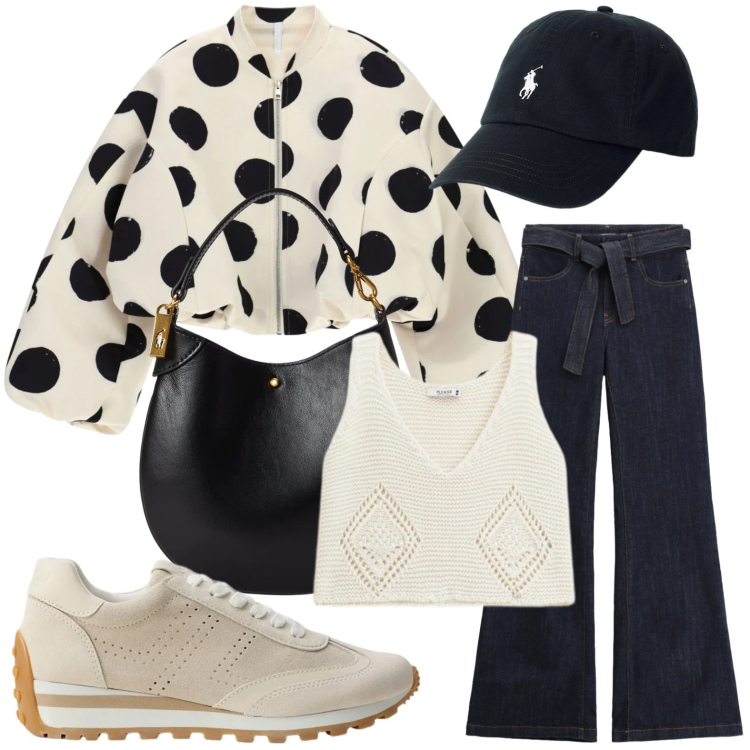 Outfit donna - Weekend a pois. Stile Casual per Tutti i giorni. Abbinamento con jeans a zampa, top, bomber, cappelli, pochette, sneakers.