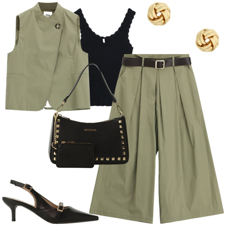 Outfit donna - New day. Stile Urban per Tutti i giorni. Abbinamento con sandali col tacco, borse a spalla, canottiere, gilet, pantaloni a palazzo, orecchini.