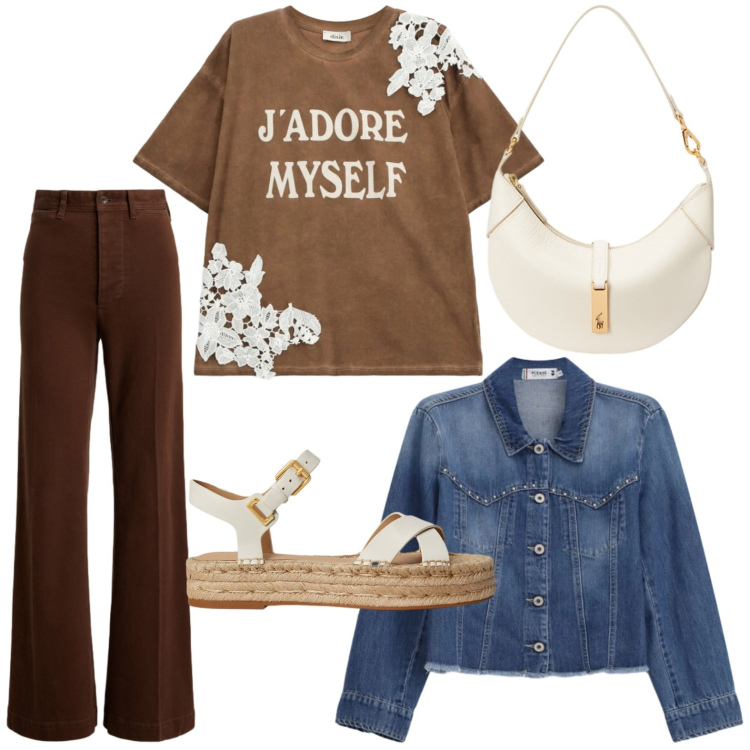Outfit donna - T-shirt con pizzo. Stile Basic per Tutti i giorni. Abbinamento con blazer, t-shirt, pantaloni, borse a spalla, espadrillas.