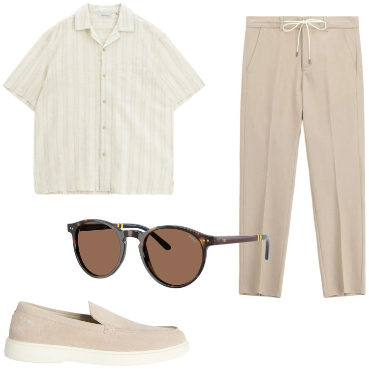 Outfit uomo - Lino e Toni Neutri. Stile Casual per Tutti i giorni. Abbinamento con pantaloni, camicie a manica corta, scarpe stringate, occhiali da sole.