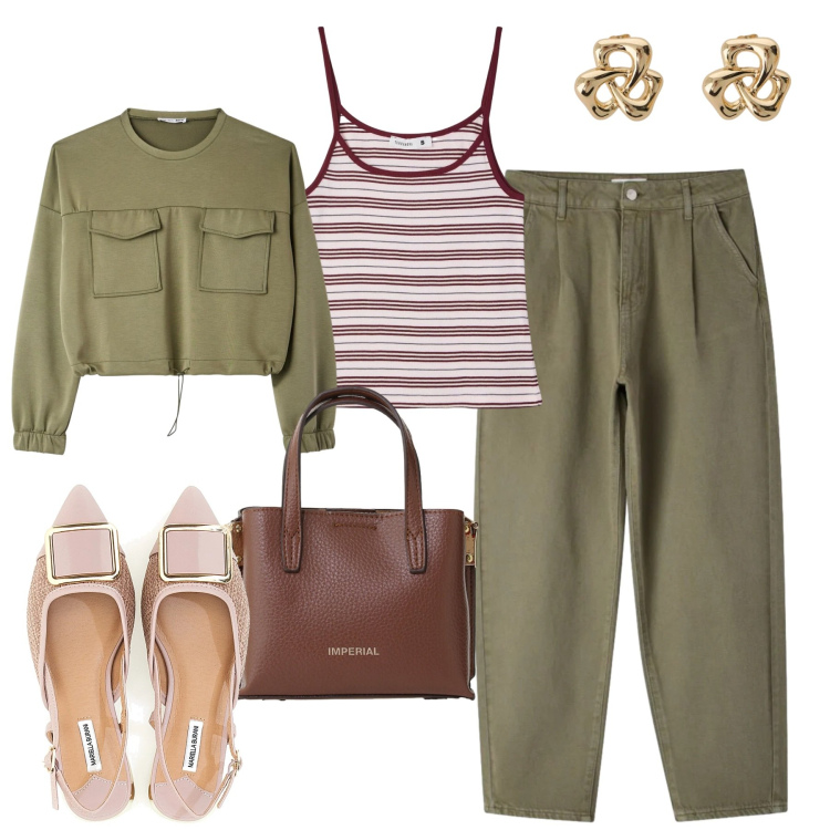 Outfit donna - Maggio. Stile Casual chic per Tutti i giorni. Abbinamento con pantaloni, canottiere, felpe, borse a tracolla, orecchini, ballerine.