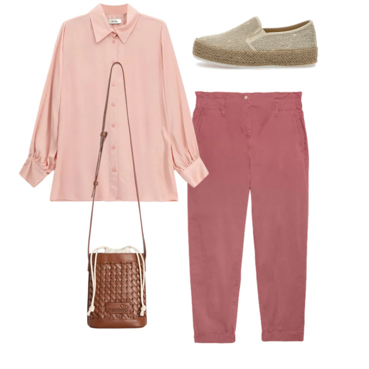 Outfit donna - Peach Blush. Stile Casual per Scuola/Università. Abbinamento con pantaloni, borse a secchiello, camicie, espadrillas.