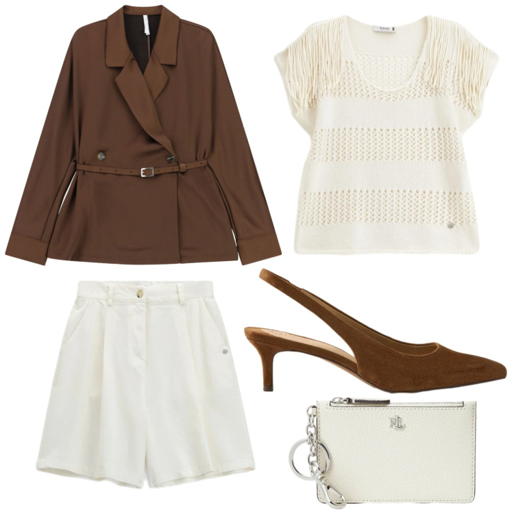 Outfit donna - Top con frange. Stile Casual per Serata fuori. Abbinamento con top, bermuda, blazer, décolleté, portafogli.