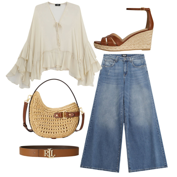 Outfit donna - Denim chic - @Laloba. Stile Boho per Tutti i giorni. Abbinamento con jeans, bluse, cinture, borse a tracolla, zeppe.