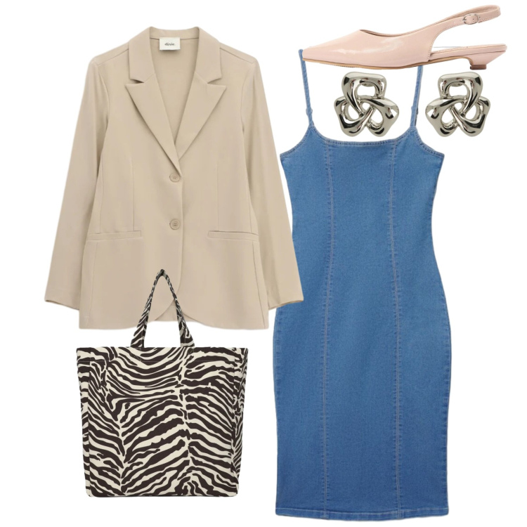 Outfit donna - Denim chic - @Laloba. Stile Chic per Tutti i giorni. Abbinamento con sandali, shopping bag, vestiti midi/longuette, orecchini, blazer.