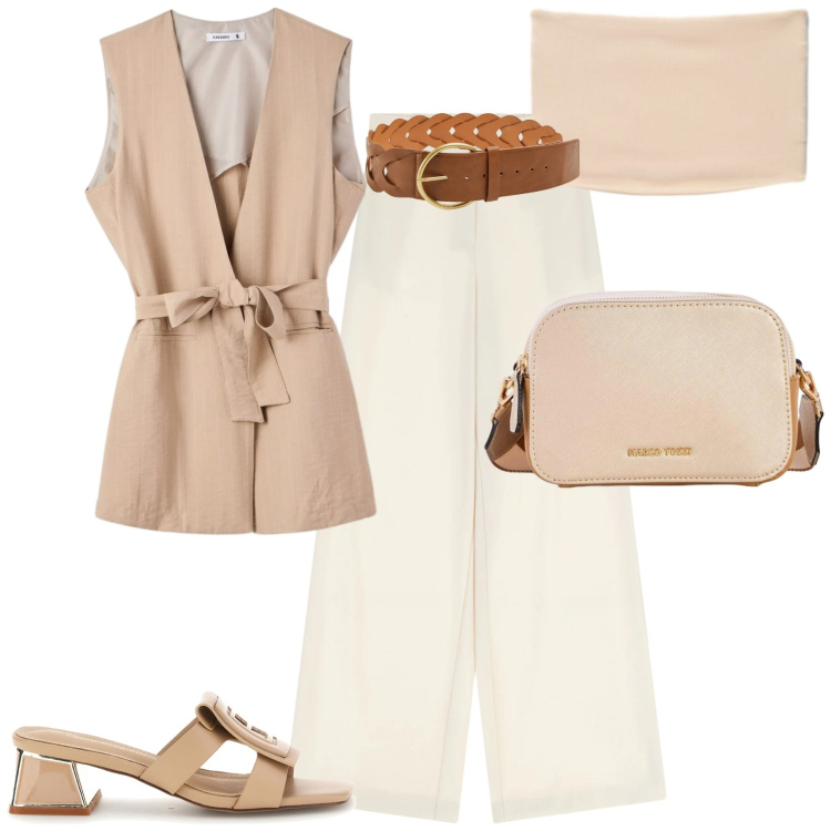Outfit donna - Il gilet lungo. Stile Urban per Tutti i giorni. Abbinamento con borse a tracolla, cinture, gilet, top, pantaloni a palazzo, scarpe col tacco.