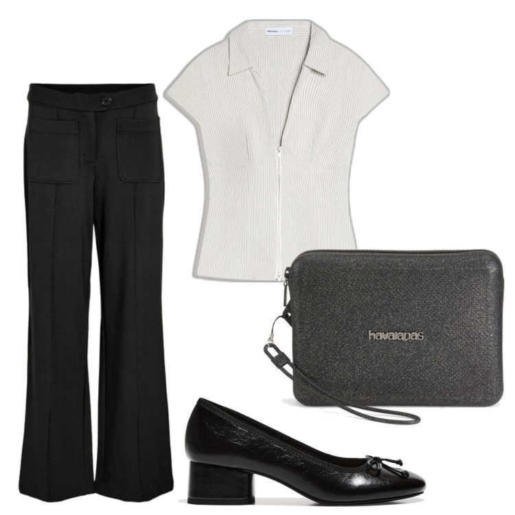 Outfit mujer - De oficina. Estilo Bon Ton para Oficina. Combinación con bolsos de mano, bailarinas, pantalones, camisas de manga corta.