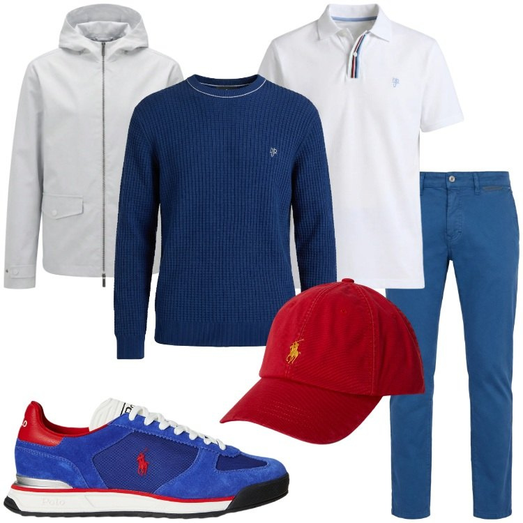 Outfit uomo - Look da viaggio breve. Stile Casual per Tutti i giorni. Abbinamento con pantaloni, polo, maglieria, giacche, sneakers, cappelli con visiera.