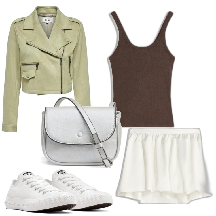 Outfit mujer - Casual. Estilo Casual para Todos los días. Combinación con blazers, bolsos de mano, sneakers, faldas, camiseta.
