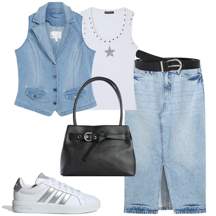 Outfit donna - Denim. Stile Casual chic per Tutti i giorni. Abbinamento con borse a mano, gonne longuette, gilet, cinture, top, sneakers.