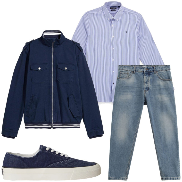 Outfit uomo - Look da viaggio breve. Stile Casual per Tutti i giorni. Abbinamento con giacche, jeans, sneakers, camicie.