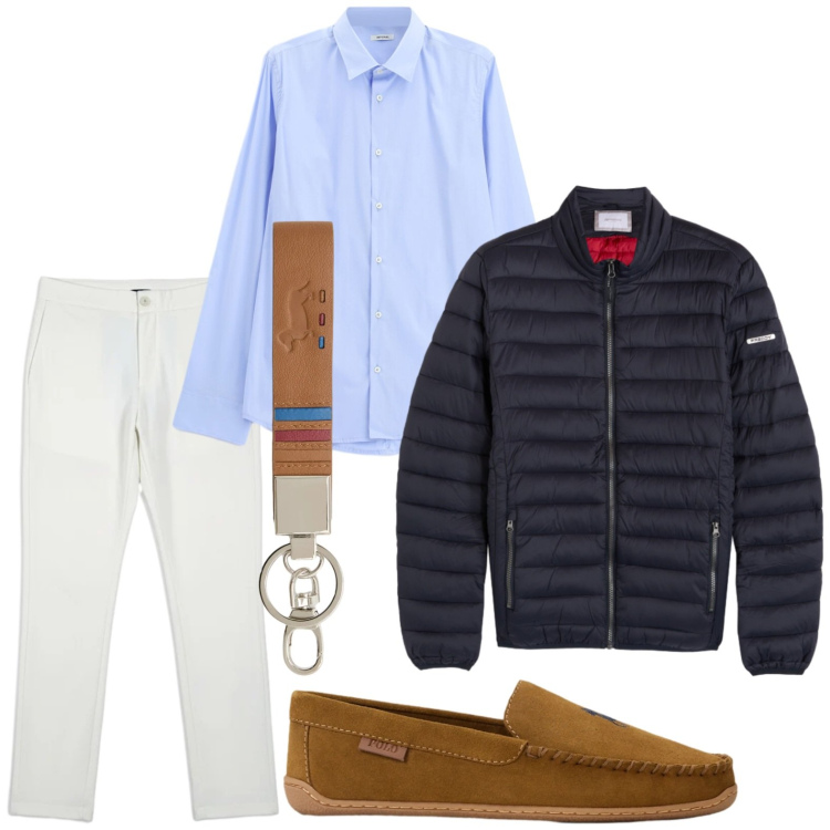 Outfit uomo - Pantaloni leggeri. Stile Trendy per Tutti i giorni. Abbinamento con camicie, portachiavi, piumini, scarpe stringate, pantaloni.