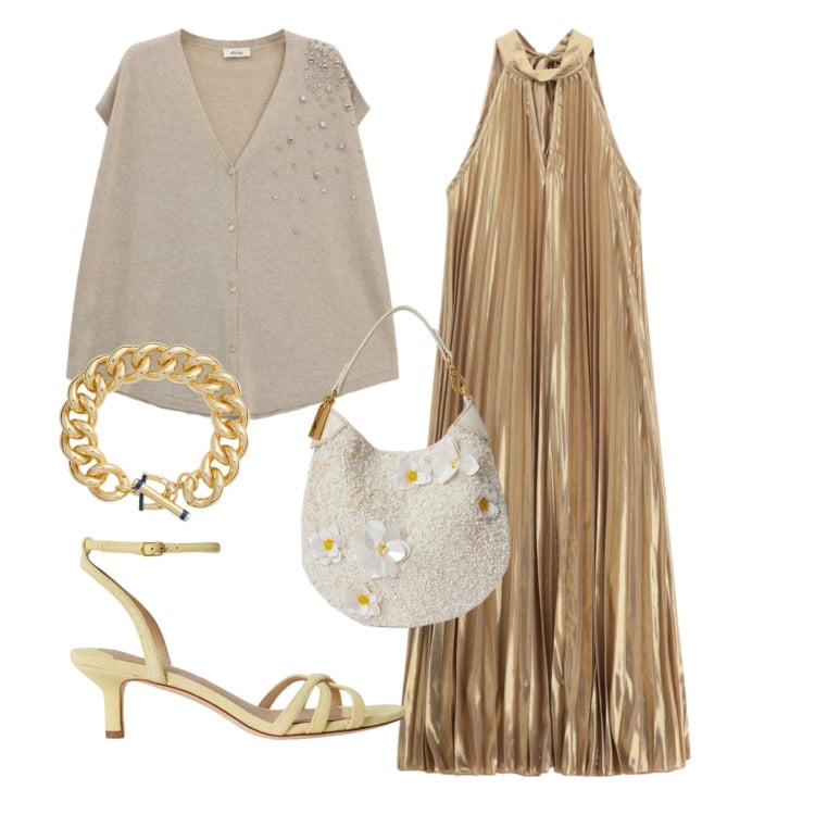 Outfit donna - Occasion Ready - La stagione delle cermo. Stile Glamour per Cerimonia. Abbinamento con vestiti lunghi, gilet, pochette, sandali col tacco, braccialetti.
