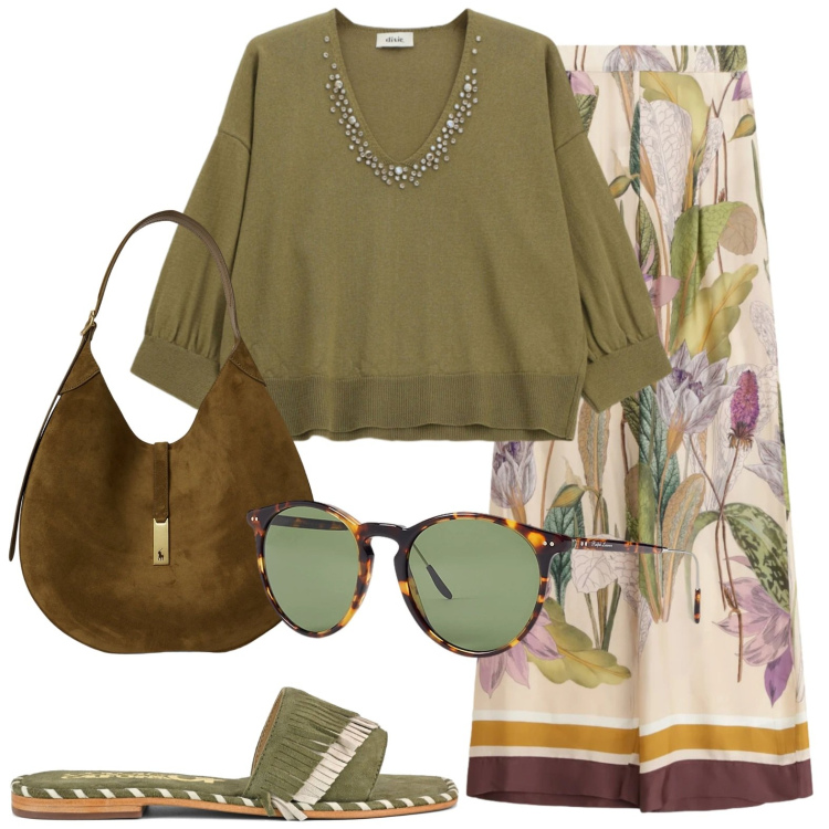 Outfit donna - Pantaloni stampa botanica. Stile Casual chic per Tutti i giorni. Abbinamento con maglieria, pantaloni a palazzo, occhiali da sole, borse a spalla, ciabatte.