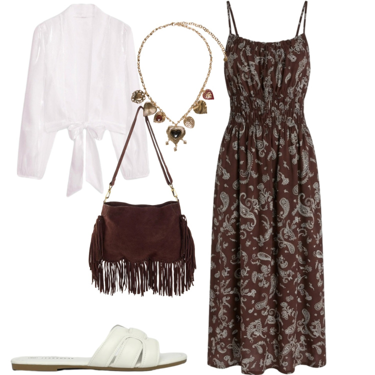 Outfit donna - Cacao. Stile Casual chic per Tutti i giorni. Abbinamento con borse a tracolla, bolero, vestiti lunghi, ciabatte, collane.