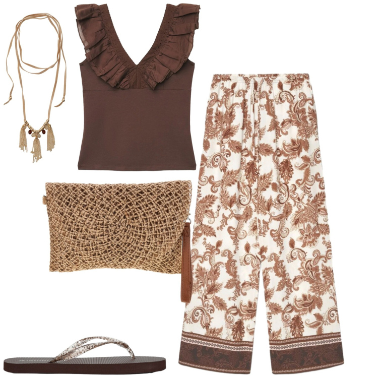 Outfit donna - Weekend. Stile Casual chic per Tutti i giorni. Abbinamento con top, infradito, pantaloni, collane, borse a tracolla.