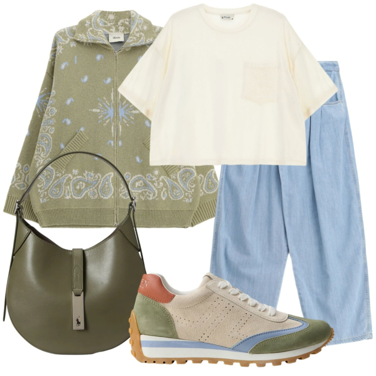 Outfit donna - Toni del verde. Stile Casual chic per Tutti i giorni. Abbinamento con cardigans, jeans, t-shirt, borse a spalla, sneakers.