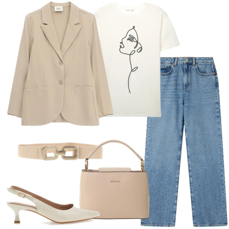 Outfit donna - Blazer leggeri. Stile Casual chic per Ufficio. Abbinamento con jeans dritti, t-shirt, borse a secchiello, blazer, décolleté, cinture.