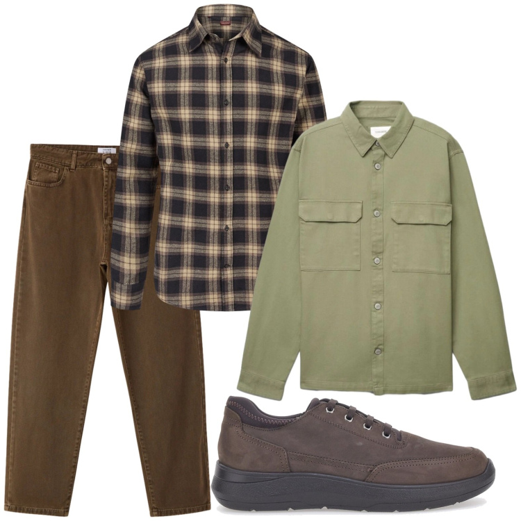 Outfit uomo - Colori foresta. Stile Casual per Tutti i giorni. Abbinamento con pantaloni, cappotti, scarpe stringate, camicie.