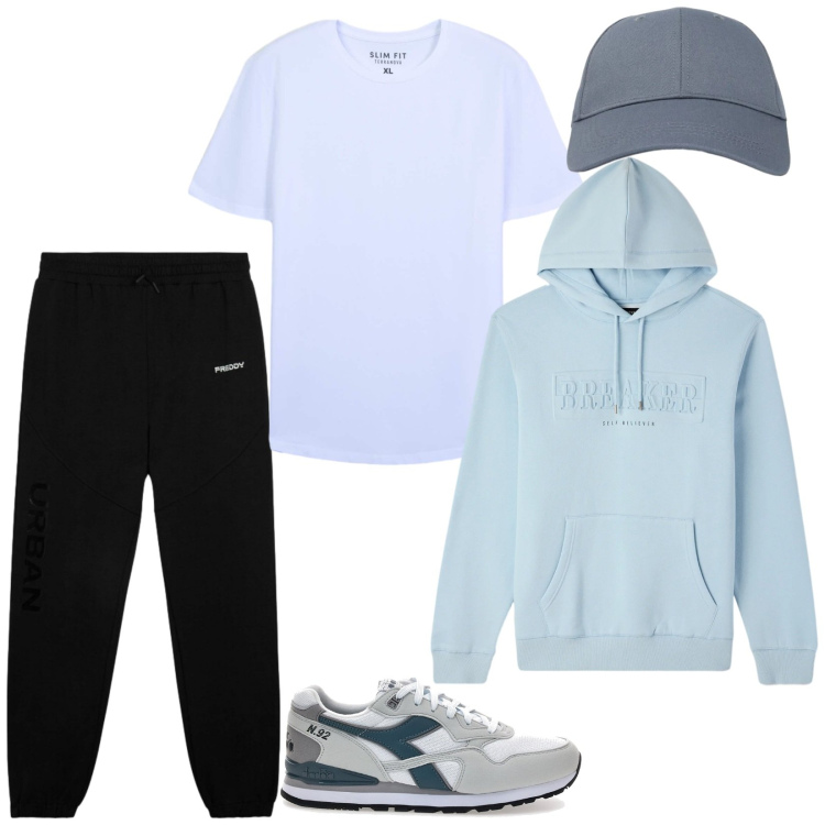 Outfit uomo - @home. Stile Casual per Tutti i giorni. Abbinamento con felpe con cappuccio, t-shirt, cappelli con visiera, pantaloni, sneakers.