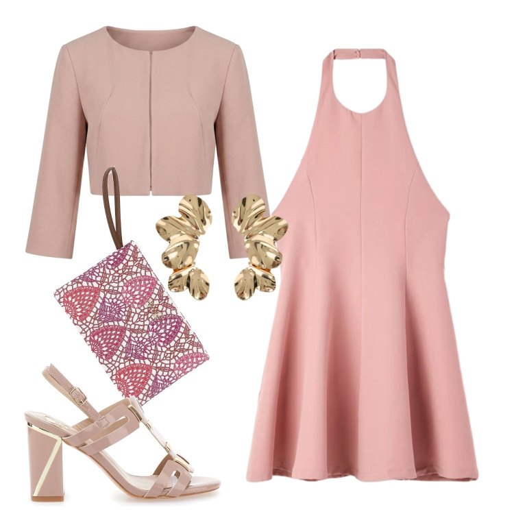Outfit donna - Peach Blush. Stile Chic per Cerimonia. Abbinamento con vestiti corti, bolero, orecchini, sandali col tacco, pochette.
