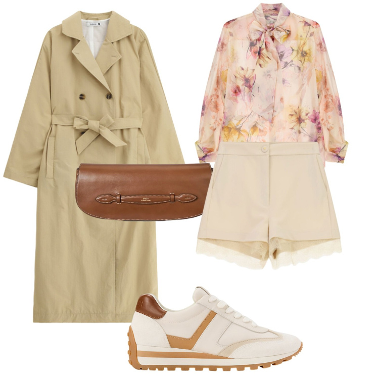 Outfit donna - Tempo variabile, stile informale. Stile Casual chic per Tutti i giorni. Abbinamento con trench, shorts, camicie, sneakers, clutch.