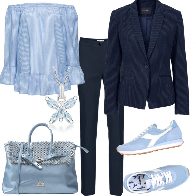 Outfit donna - Blu, celeste e tante righe low cost. Stile Chic per Ufficio. Abbinamento con pantaloni, blusa con volant e scollo blu, blazer blu, sneakers tennis, borsa a mano maxi fantasia effetto laminato con zip interno foderato in pelle sintetica rigido, collana argento.