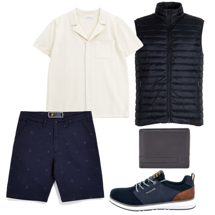 Outfit uomo - Sul lungomare. Stile Trendy per Tutti i giorni. Abbinamento con camicie a manica corta, piumini, portafogli, bermuda, sneakers.